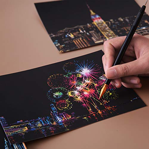 Scratch Art Paper(7.9"x 5.5") for Kids & Adults, Mini Scratch Off Art Night View Scratchboard, Painting Gift, Craft Kits : 2 Sheets Scratch Cards & Drawing Pen, Clean Brush (B)