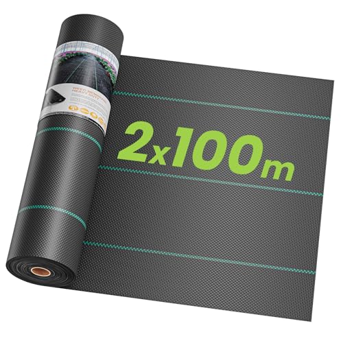 OUNUO 2mx100m Unkrautvlies Gartenvlies gegen Unkraut, Reißfestes Unkrautfolie Wasserdurchlässig Unkrautgewebe 90g/m², Rolle Bändchengewebe Hohe UV-Sta