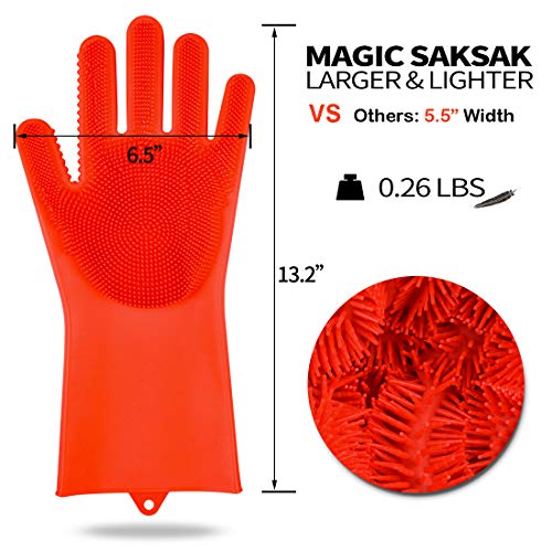 Magic Saksak Silicone Gloves, Silicone Cleaning Gloves for Kitchen Bathroom Cleaning, Pet Hair Care, Car Washing (1 Pair, Red)