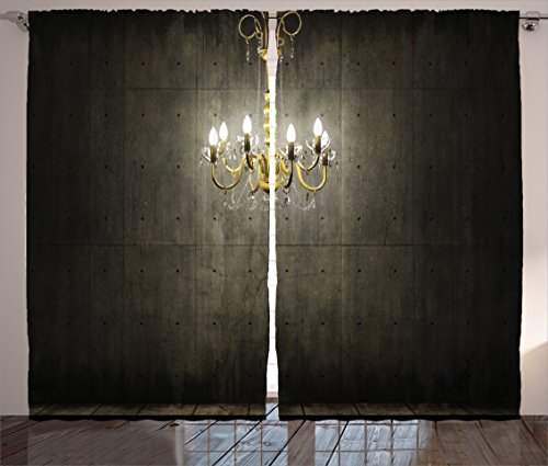 Grunge Home Decor Curtains by Ambesonne, Classic Golden Chandelier in a Dark Gothic Wooden Room Vintage Room Picture, Living Room Bedroom Decor, 2 Panel Set, 108 W X 84 L Inches, Golden Olive Green