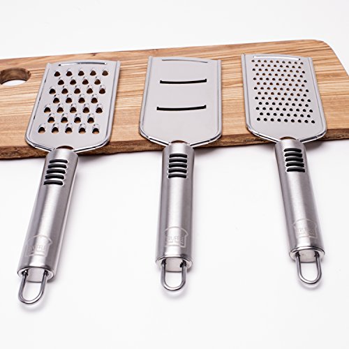 Set of 3 Professional Stainless Steel Zester-Graters for Cheese, Vegetables, Citrus & Chocolate, with Fabric Bag - Coarse, Fine & Mandolin/Slicer - Thumbnail 6