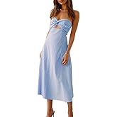 Fiemaoves Sexy Twist Front Strapless Sweetheart Neckline Midi Dresses for Women Smocked Cutout Tube Linen Dress Wedding Guest