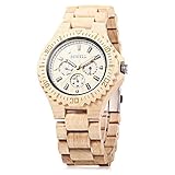 Bewell W116B Mens Wooden Watch with Date Day Luminous Hands Lightweight Retro Wrist Watch (Maple Wood)