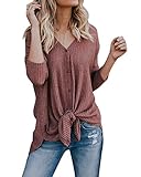 Womens Loose Fitting Henley Shirts Long Sleeve Button Down V Neck High Low Batwing Tops