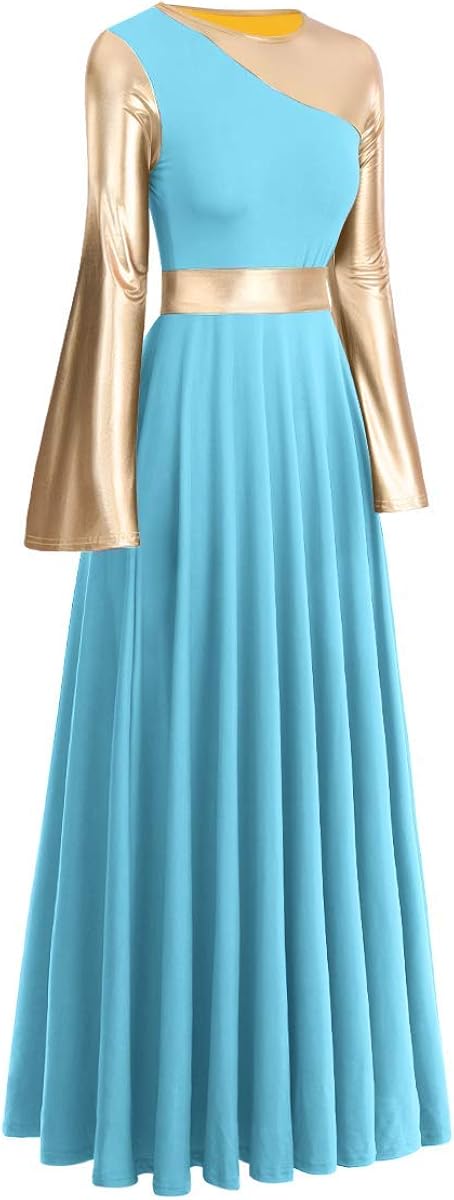 Women Metallic Bi Color Liturgical Praise Dance Dress Bell Long Sleeve Lyrical Dancewear Church Robe Worship Costume: Clothing