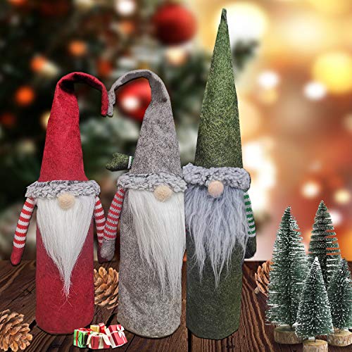 XIRGS Christmas Gnomes Wine Bottle Cover and Cutlery Organizers 6 Pack, Handmade Knife and Fork Cover, Wine Bottle Toppers Santa Claus Wine Bag with Drawstring, Christmas Decoration Holiday (6 pack)
