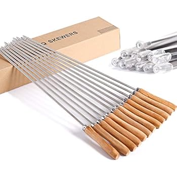 CHICHIC 16 1/2 Inch Kabob Skewers, Stainless Steel BBQ Skewers Set, Flat Barbecue Skewers, Reusable BBQ Sticks, Metal Grilling Skewers for Shish Vegetables and More, Wooden Handle, 12 Packs