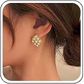 Jugielu Vintage Pearl Stud Earrings White Pearl Square Earrings Gold Mesh Pearl Earrings Mini Pearl Cluster Earrings Wedding Bridal Earrings Jewelry for Women