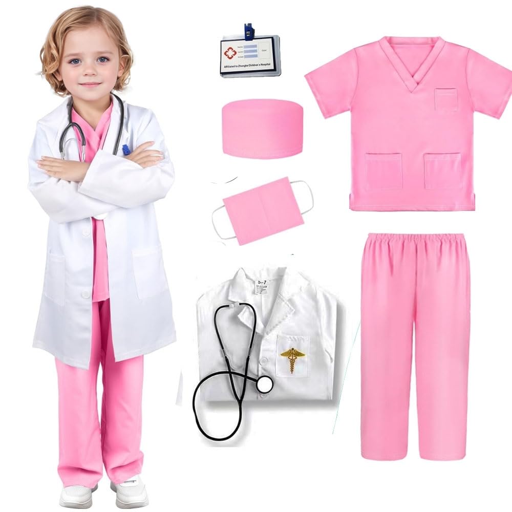 VNNOPG Kids Doctor Costume Doctors Nurse Outfit Set Child Role Play Costumes Fancy Dress Up Playsets with Lab Coat,Stethoscope,Mask and Scrubs Costume,Pink(120) — image 1