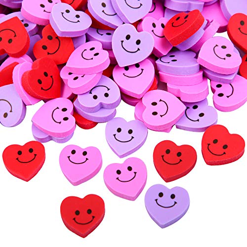 Ruisita 150 Pieces Mini Smile Face Erasers Heart Shaped Rubber Valentines Erasers for Valentine