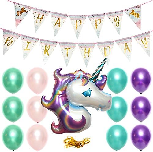 Unicorn Birthday Party Decorations Banner Decor Supplies Set Kit Favors | 1PC Foil Balloon | 12PC Helium Pastel Balloons w/ Gold Ribbon | For Boy Girl 1st 2nd 3rd 10th 13th 20th | Sparkle Glitter Flag