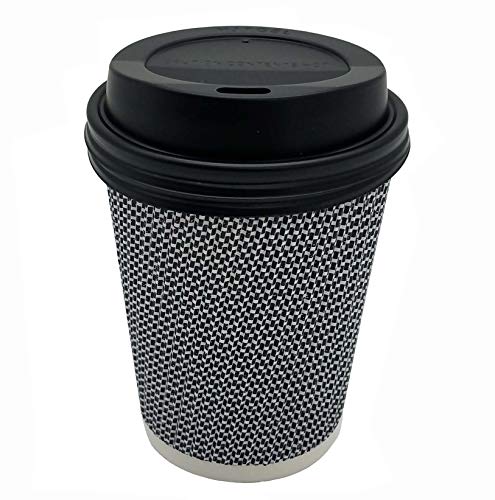 [150 SET] 8 oz Disposable Double Walled Hot Cups with Lids - No Sleeves needed 8oz Premium Insulated Ripple Wall Hot Coffee Tea Chocolate Drinks Espresso Travel To Go Paper Cup and lid Black Geometric (Best Coffee Brand To Drink Black)