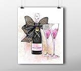 Fashion wall art print - Illustration - Champagne Bow Moet Pink Water Color Chic Glam Vogue poster 0592