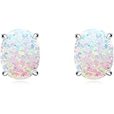 YUNKAI Sterling Silver Opal Stud Earrings for Women, Birthstone Stud Earrings, Oval/Round Shape Opal Earrings Hypoallergenic Jewelry Gift for Birthday Christmas