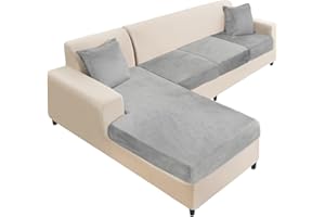 NAISI Sectional Couch Cover 4 Pieces Velvet Separate Couch Cushion Covers L Shape Soft Stretch Sofa Slipcovers with 2pcs Pillowcases for Left/Right Chaise Sectional Couch(3 Seater+1 Chaise,Light Grey)