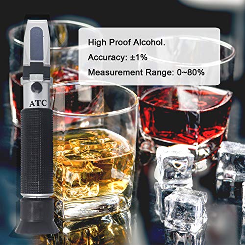 KETOTEK High Proof Alcohol Refractometer, ATC Alcohol Refractometer with 0-80% Alcohol Measurement Range for Liquor and Spirits. High Accuracy Â±1% Alcohol Refractometer for Whiskey, Brandy, Vodka, etc