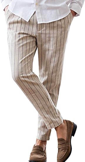 Amazon キャバリア Cavaria メンズ イージーパンツ アンクル丈 リネン コットン ストライプ柄 綿 麻 Catn 11 ロングパンツ 通販