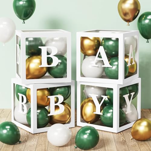 RUBFAC Baby Boxes for Baby Shower Decoration with 8 Letters and 36 White Sage Green Gold Balloons, 4pcs Transparent Clear Balloon Boxes Blocks for Boy Girl Jungle Safari Birthday Party Backdrop