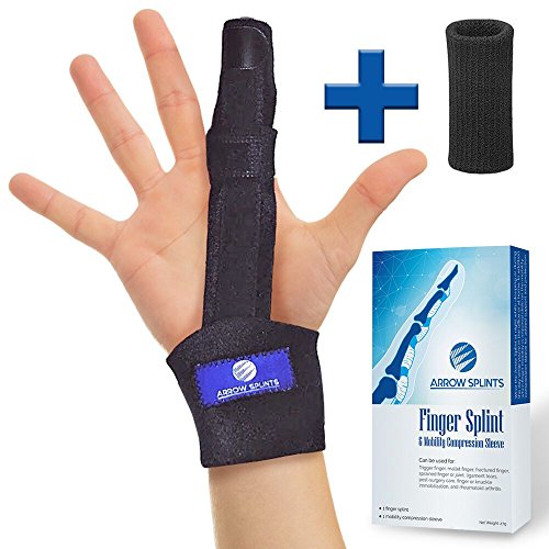 Finger Extension Splint + Finger Support Sleeve for Trigger Finger, Mallet Finger, Rheumatoid Arthritis, Broken or Fractured Pain Relief and Tendonitis - Aluminum Support with Adj Wrist &amp; Finger Strap