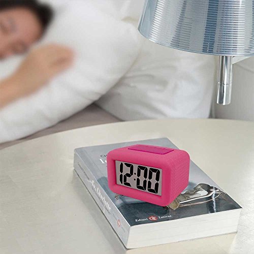 TXL Digital Alarm Clock Table Electronic Clock with Rubber Case Display Time/Alarm, Snooze/Backlight, Adjustable Light Dimmer Battery Operated Bedside Desk/Shelf Clock, Gift for Kids/Teens/Home, Pink