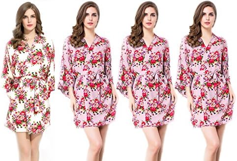 Floral Cotton Bridesmaids Robe 3 Pink &amp; 1 White Wedding Bride by Endless Envy