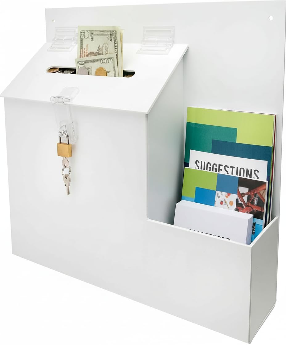 Deflecto Suggestion Box - Ideal for Business Cards, Raffle, Coins, Tips & Charity Donations Collection - Lockable Ballot Box with Sign Holder on Side