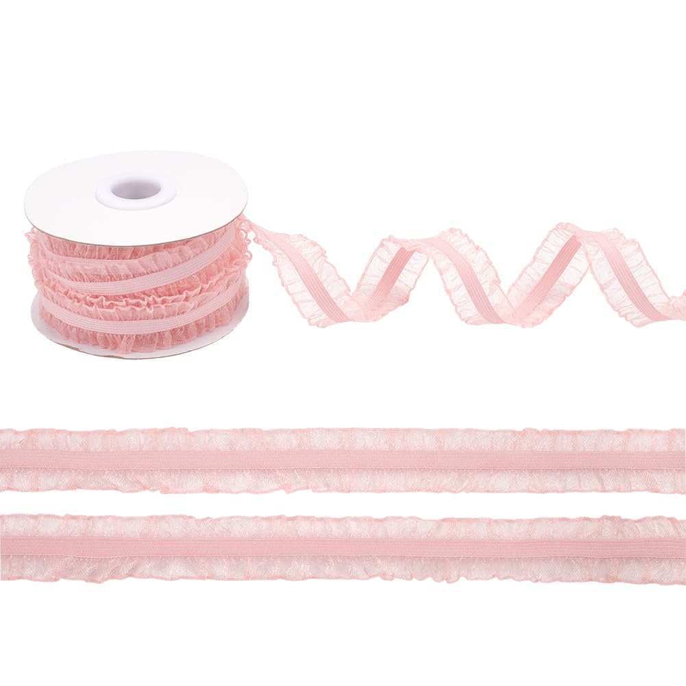 FINGERINSPIRE 10 Yards/9.14m Double Ruffle Lace Trim Pink (20mm) Wide Ruffle Stretch Elastic Edging Trim Pleated Fabric Lace Ribbon for DIY Dress Headwear Decoration and Gift Wrapping