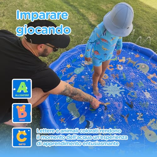 KiddoSpace Splash Pad per Bambini – Tappetino da gioco acquatico antiscivolo per esterni con design educativi, divertente attività estiva da giardino per neonati e bambini, include kit di riparazione