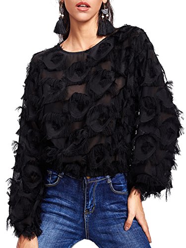 ROMWE Women's Casual Round Neck Fringe Patch Long Sleeve Mesh Top Black Large