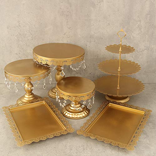 Lucky Monet 6Pcs Crystals Cake Stand Cupcake Tower Stand Wedding Plates Set Metal Round Party Dessert Display DÃ©cor with Crystals Beads (6pcs, Gold)