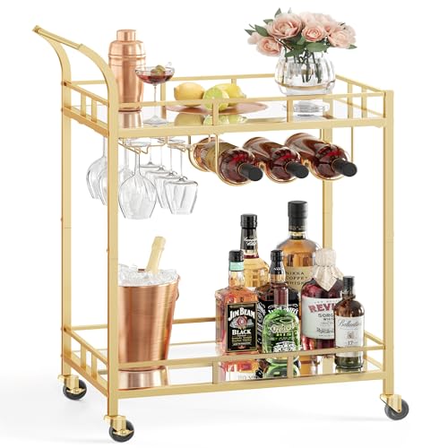 VASAGLE Drinks Trolley, Bar Cart, Serving Trolley with 2 Mirrored Shelves, Wine Holders, Glass Holders, for Home Bar, Kitchen, Dining Room, Gold LRC092A62