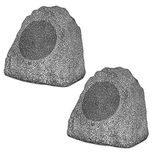 Theater Solutions 2R8G Outdoor Granite 8″ Rock 2 Speaker Set for Deck Pool Spa Yard Garden, Granite Grey