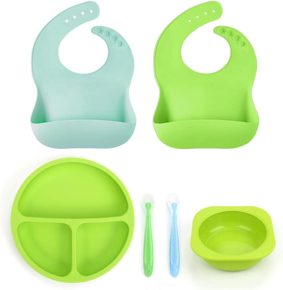 Baby Toddler Feeding Set, BPA Free Silicone Bibs Plates Bowls Spoons - Divided Plate Bowl & Soft Spoon Aids Self Feeding, Adjustable Food Catching Bib, Waterproof Spill Resistant, Baby Shower Gift Set