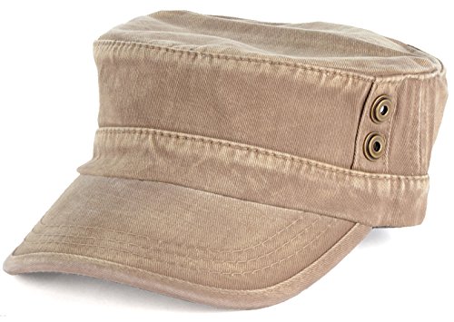 BYOS Classic Washed Military Cadet Army Cap Hat Flap Top Various Styles (Washed Khaki)