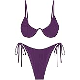 ZAFUL Women's Bikini Sets Ribbed Two Piece Swimsuits Underwire Adjustable Back Clasp Bathing Suit Side Tie Thong Swimwear