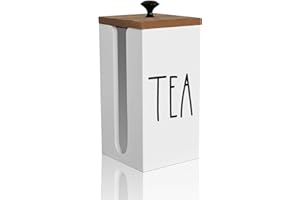 CHONIC Tea Bag Holder, Farmhouse Tea Caddy, Wood Tea Bag Storage Organizer, Tea Containers with Lid, Tea Bag Dispenser, Tea Canister, Tea Accessories, Great for Tea Bars and Tea Gifts (White)