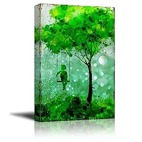 Kid on The Swing on Vintage Wood Background...