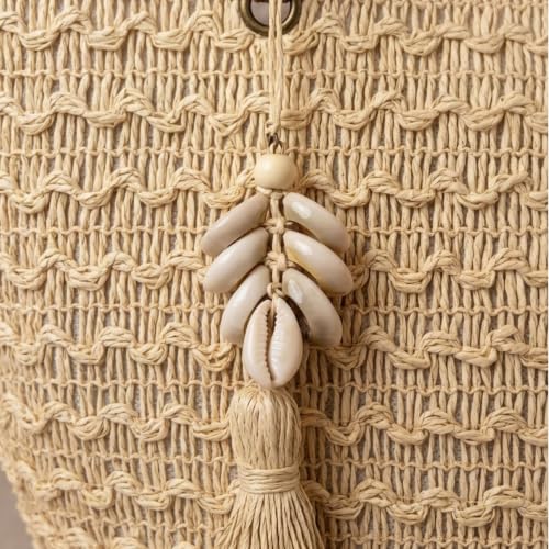 Women's Large Raffia Bag – Maxi Shopper Ivory with Long Shoulder Handles, Zip Closure and Boho Ornament, Beach and Summer Bag (Beige)