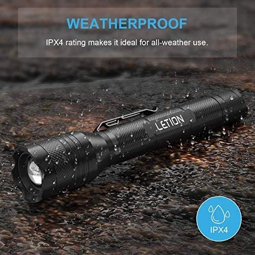 LETION LED Torch Rechargeable,Torches LED Super Bright Powerful 1500 Lumens, Waterproof, 5 Modes Zoomable Tactical Flashlight 2x18650 2600mAh Rechargeable Batteries