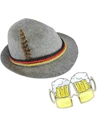 Light Grey Felt Alpine Oktoberfest German Bavarian Costume Hat w/Feather & Beer Eye Glasses