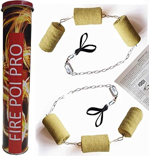 PassePasse Pair of Triple Pro Fire Poi + Extinguisher, Chains with 6x5cmx75cm Kevlar fire wick, Double finger loops, Swivel Bearings & Delta links