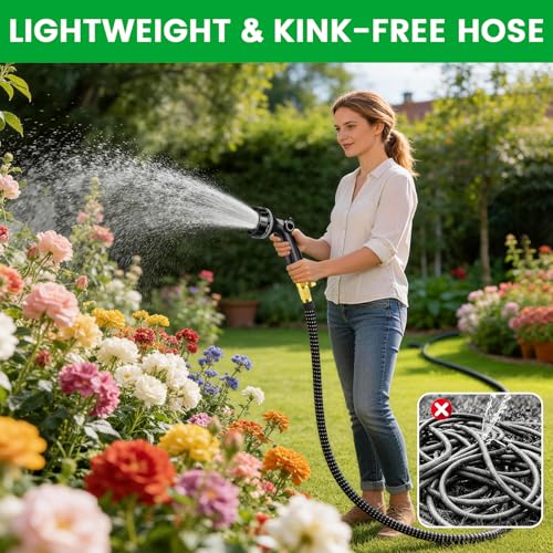 Expandable Garden Hose Pipe 100FT, Flexible Expanding Magic Hose Pipe for Garden with 10 Functions Spray Nozzle, Leakproof Anti-Kink Water Hose with Durable Fitting for Yard Lawn Gardening Car Washing