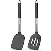 AK Sardar 2-Pack Silicone Turners - Non-Stick, Heat-Resistant, BPA-Free Easy Cooking Spatulas/Spoons With Strong Stainless Steel Handles. Best For Eggs, Pancakes, Chicken, Steak, And More. (Gray)