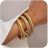 JUNYANGY Gold Bangles for Women Set of 3 Chunky Stretch Bangles Bracelets 24K Gold Plated Stainless Steel Bracelets Flexible Wide Stack Bracelets Designer Look Alike Jewelry for Women