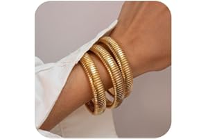 JUNYANGY Gold Bangles for Women Set of 3 Chunky Stretch Bangles Bracelets 24K Gold Plated Stainless Steel Bracelets Flexible Wide Stack Bracelets Designer Look Alike Jewelry for Women