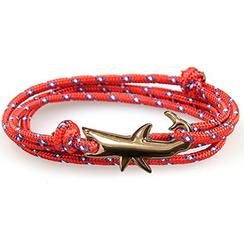 Happiness Jewelry Nylon Rope Sailing Vikings Wrap Bracelet With Gold Color Nautical Shark Alloy Clasp 30 Inches (Red / Gold)
