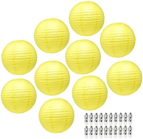 Mudra Crafts White Black Decorative Hanging Round Pastel Paper Lanterns with Led Light Bulb and Battery Set (Yellow Color)