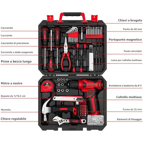 DEKO Complete Tool Box with Drill Driver 8 V Battery, 126 Pieces Case with Complete Set of Bits (Red)