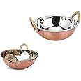 Billion Deals Set of 4, Indian Copper Serveware Karahi Vegetable Dinner Bowl with Handle for Indian Food, Diameter 13 Cm Approx