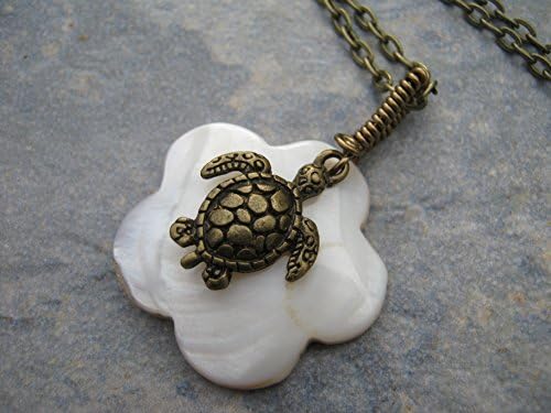 Sea Turtle Mother of Pearl Necklace, Wire Wrapped Shell Pendant, Antiqued BRONZE, Beach Necklace, Handmade